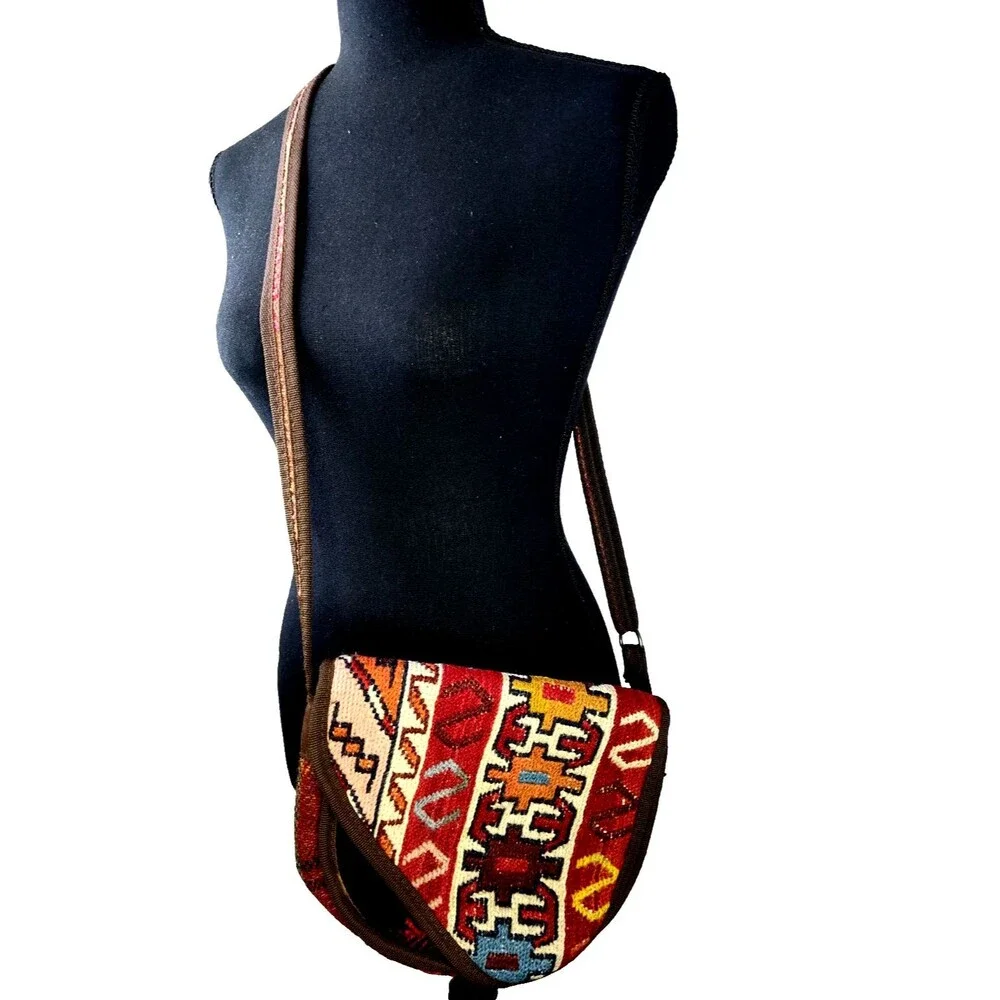 Vintage 80s 90s Southwestern Leather Turkish Kilim Bag Cross Body Boho Purse